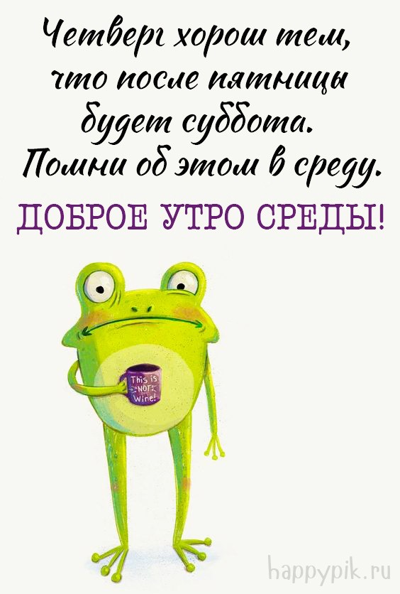 Четверг хорош тем, что после пятницы будет суббота. Прикольная открытка с лягушкой про среду.
