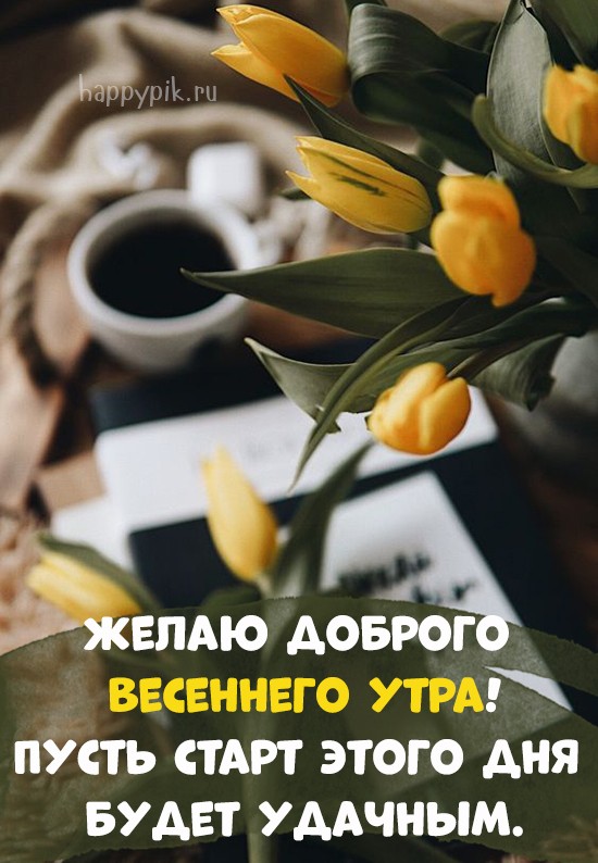 Желаю доброго весеннего утра. Открытка с желтыми тюльпанами и кофе.