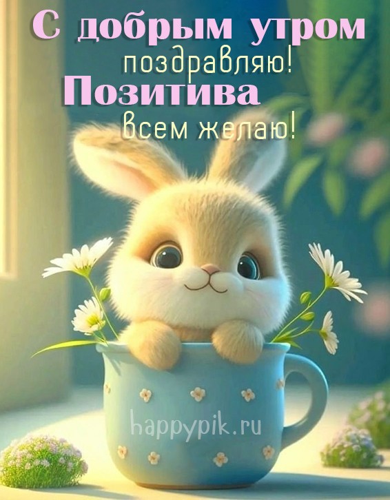 С добрым утром поздравляю, позитива всем желаю. Красивый зайчик с чашкой и цветами.