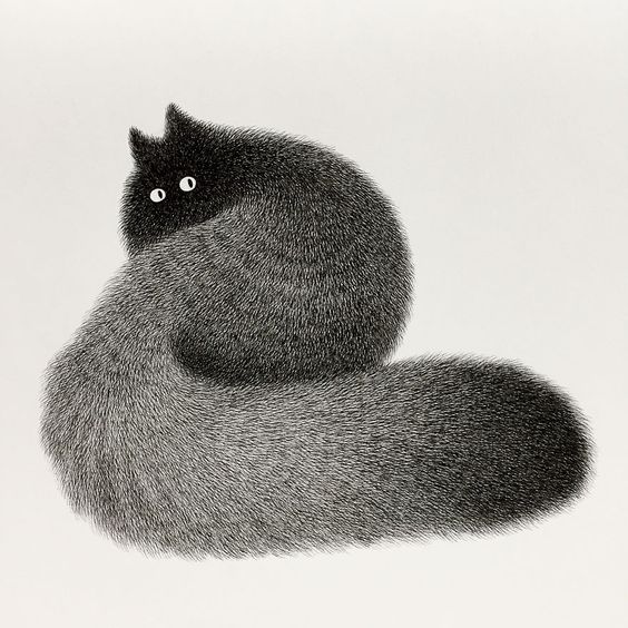 Пушистый черный кот с большим хвостом, нарисован со спины, повернул голову назад
