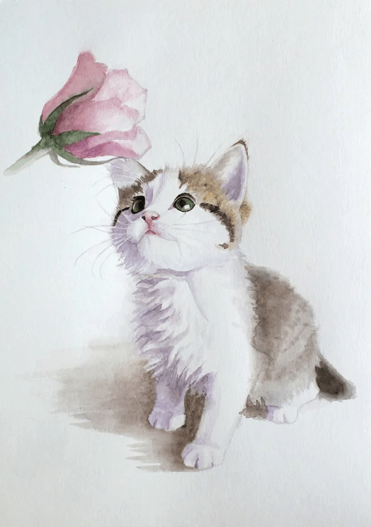 Пушистый нарисованный милый котёнок смотрит увлеченно на розу