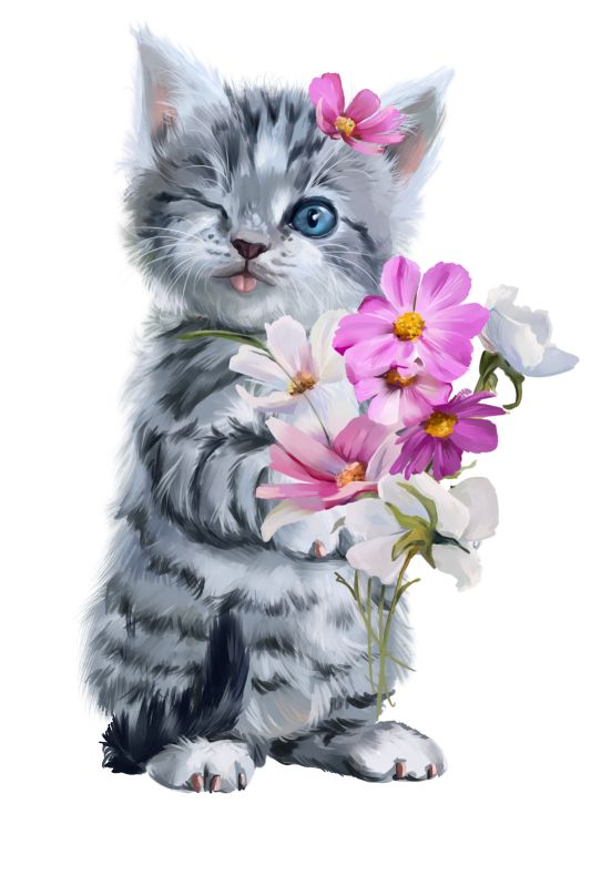 Озорной полосатый котенок стоит на задних лапах с букетом цветов, подмигивая и высунув язык