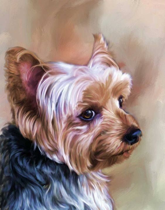 Нарисованная маленькая трехцветная собачка, смотрящая в даль на коричневом фоне