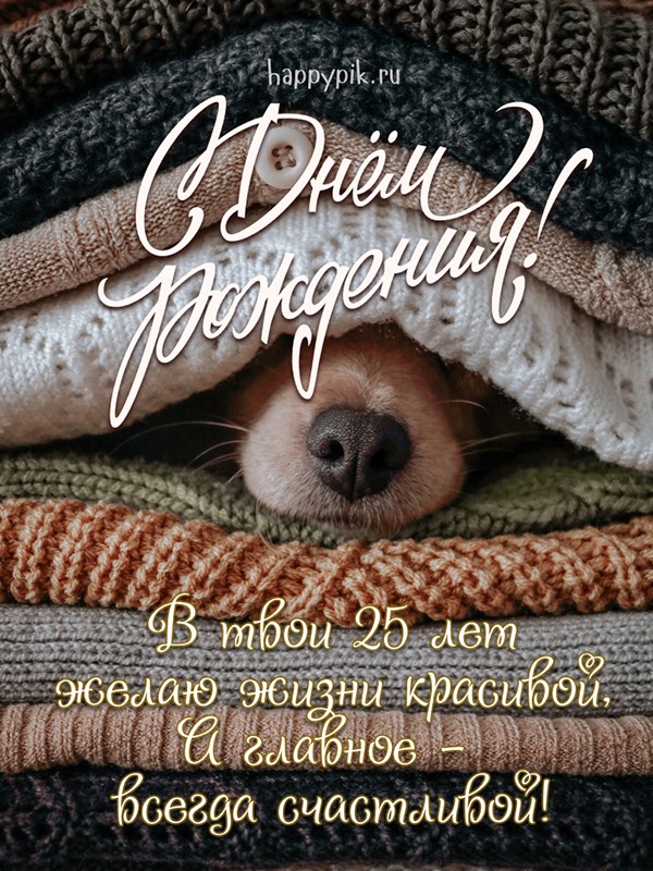 Уютная открытка с пледами и носом собачки для девушки в 25 лет.