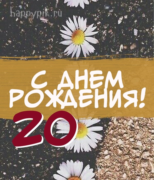 Романтичная открытка с ромашками и поздравлением с двадцатилетием.