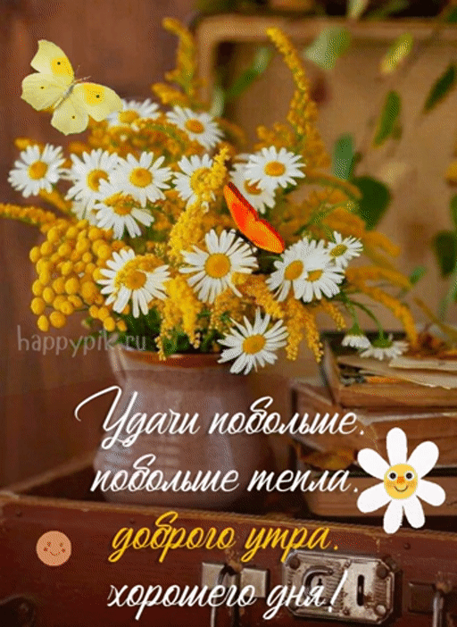 Летняя гиф открытка с цветами и бабочками с пожеланием доброго утра.